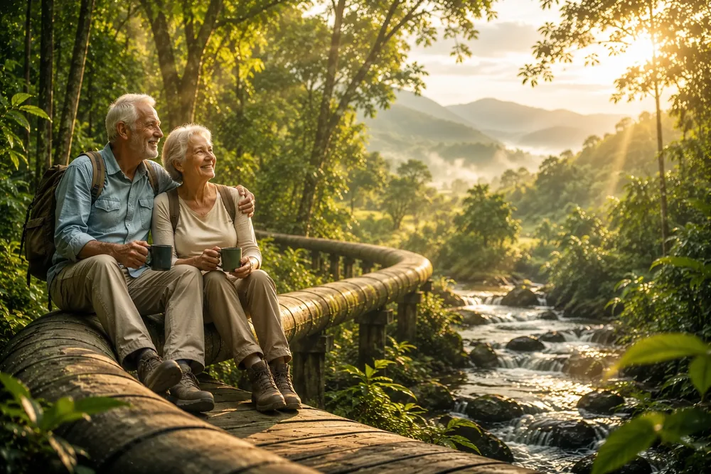 A retired couple walking, relaxed and clear-headed, on a sunlit forest path